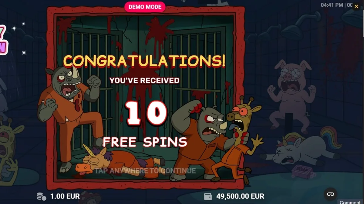 Tampilan layar permainan slot Happy Prison dengan karakter kartun binatang di penjara.